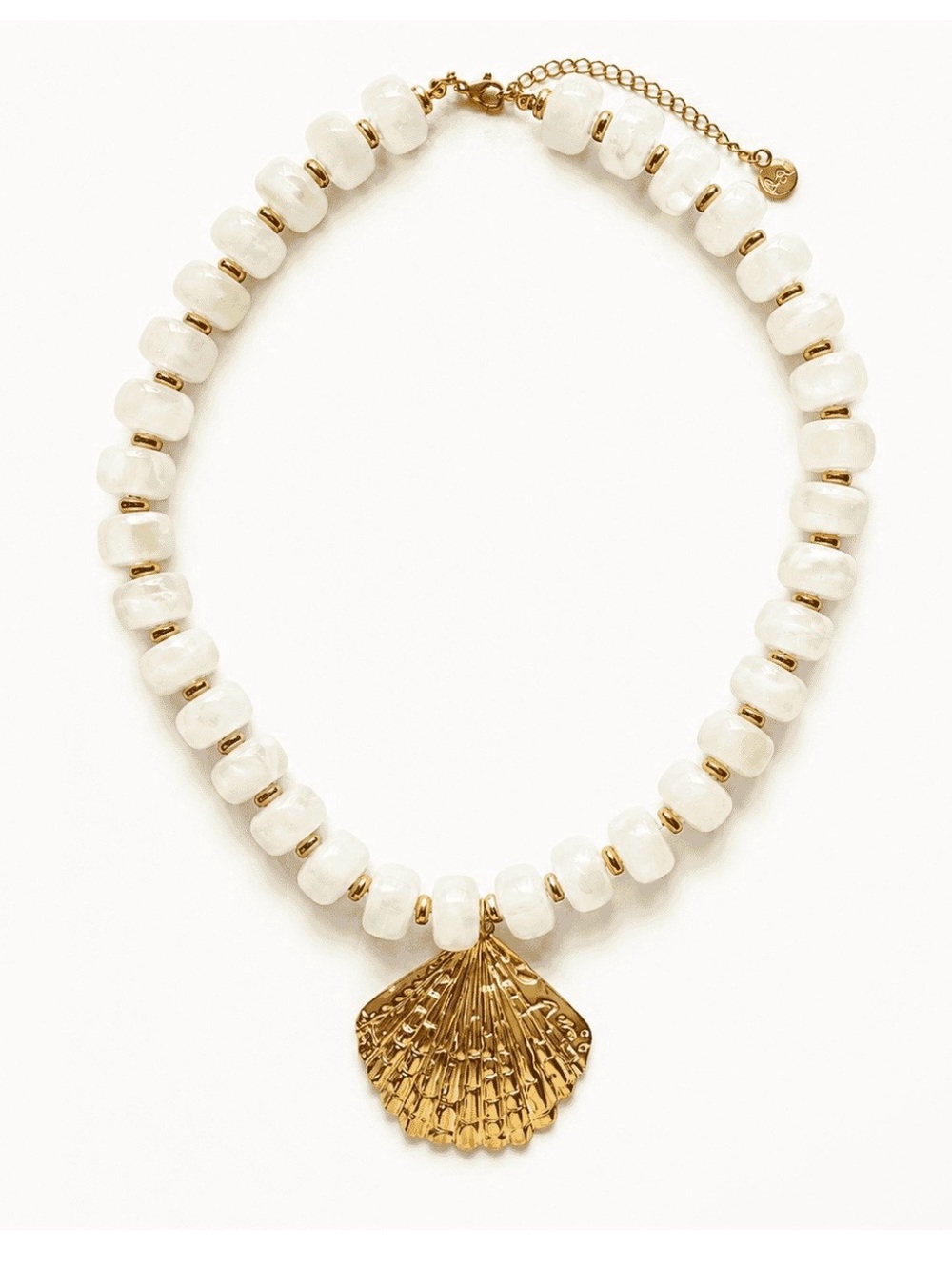 White Beaded Necklace with Gold Shell Pendant by Mayamar